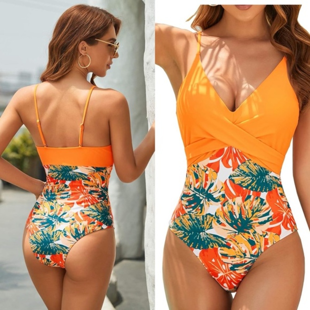V Neck Push Up One Piece Swimsuit‎ Women Floral Print Sexy Bathing Suit Plunging